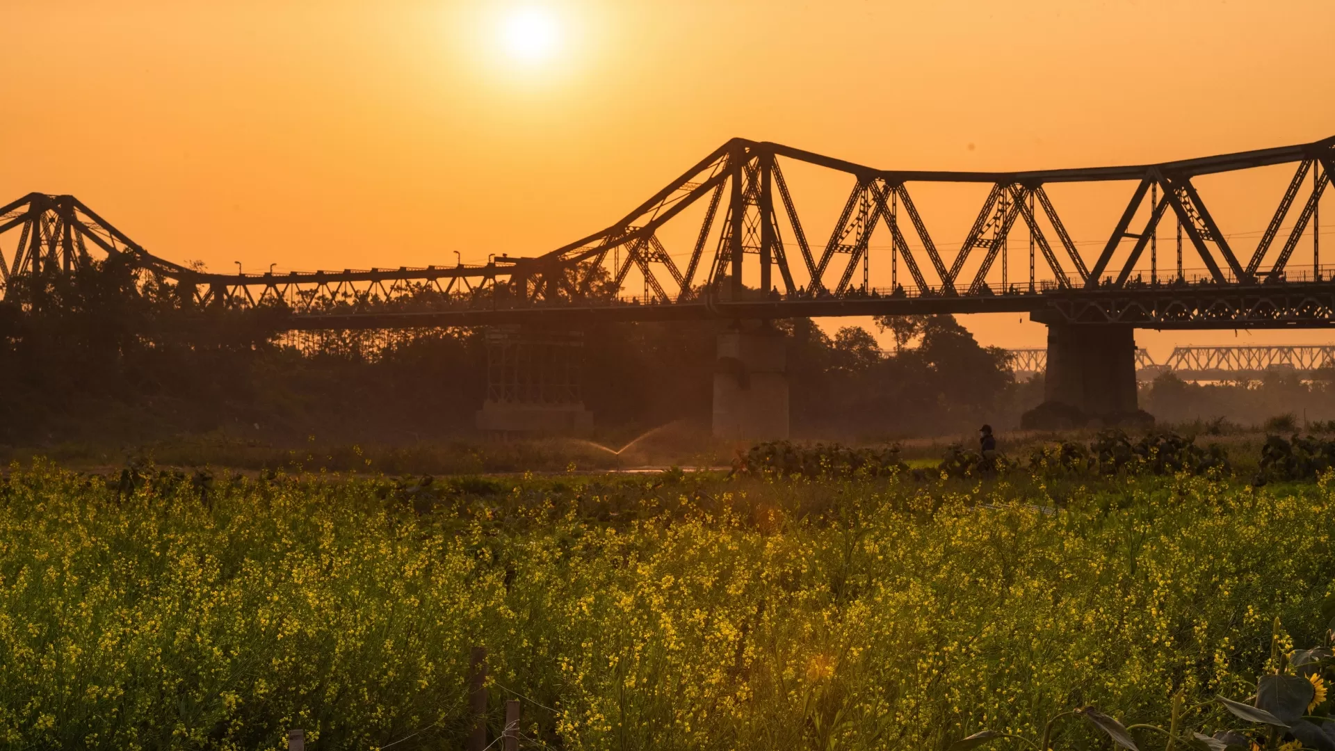 Le lever du soleil au pont Long Biên