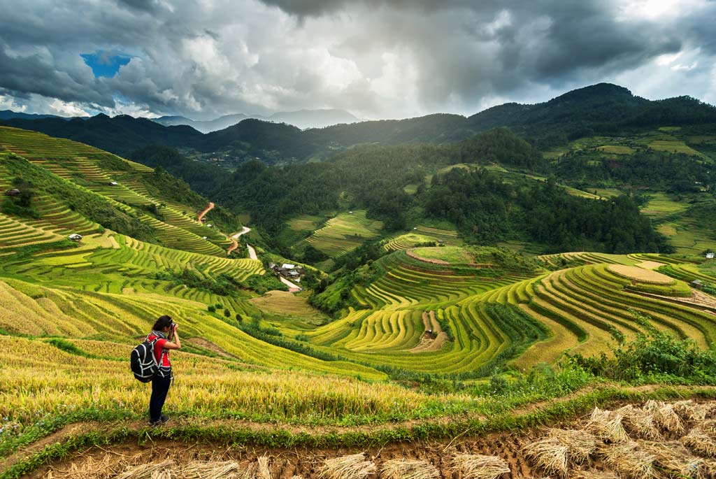 Travelers take a photo in the rice terraces of Mu Cang Chai